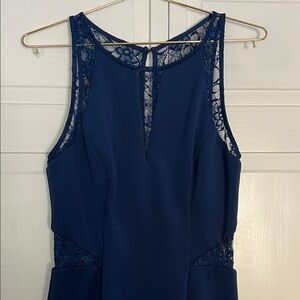 Navy Blue Lace-Trim Sleeveless Sheath Cutout Dress